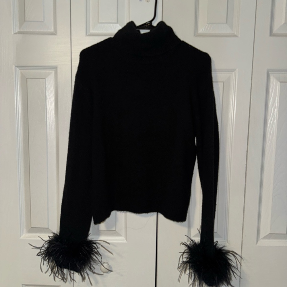 AKIRA Black Cowl Neck Sweater with Feather Cuffs